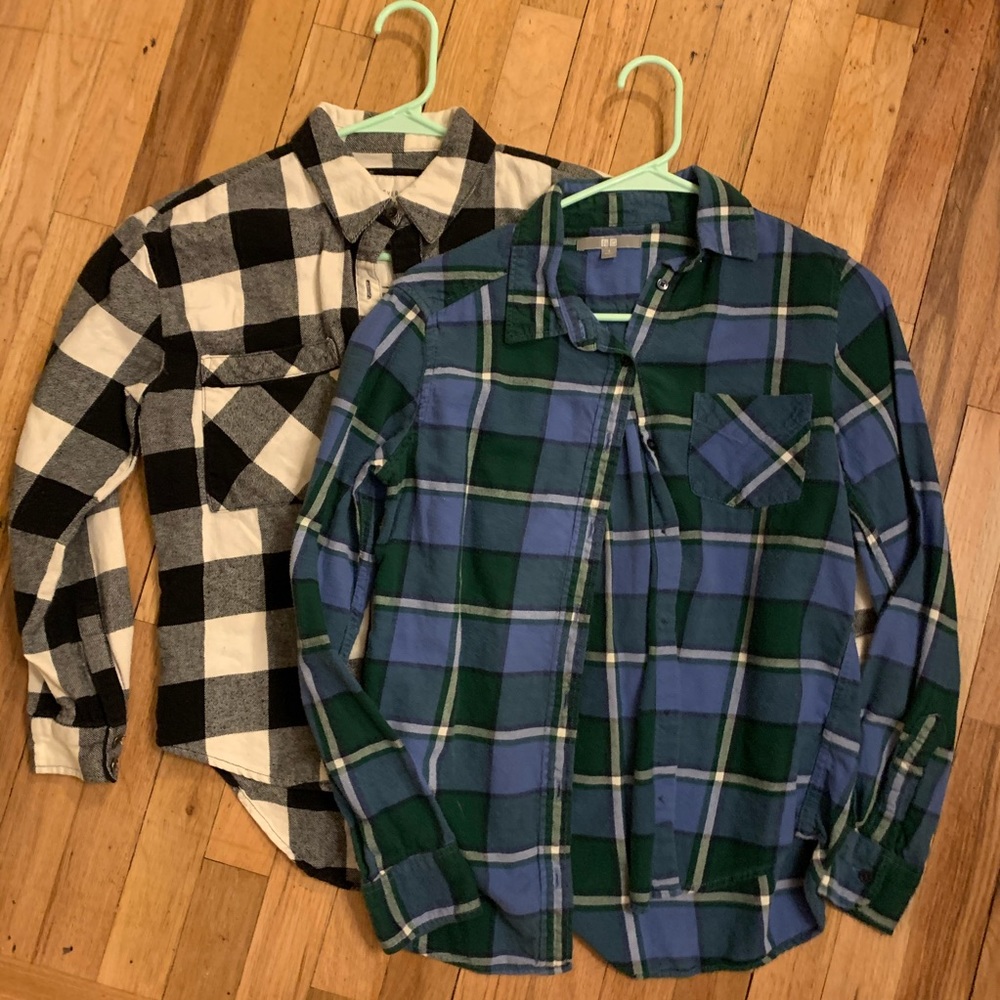 2pc bundle button flannel black white blue green